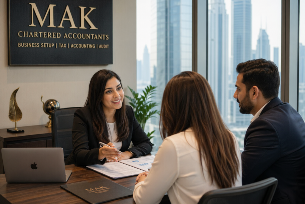 Business meeting with MAK Chartered Accountants LLC advising clients on business setup, tax, and compliance in Dubai office
