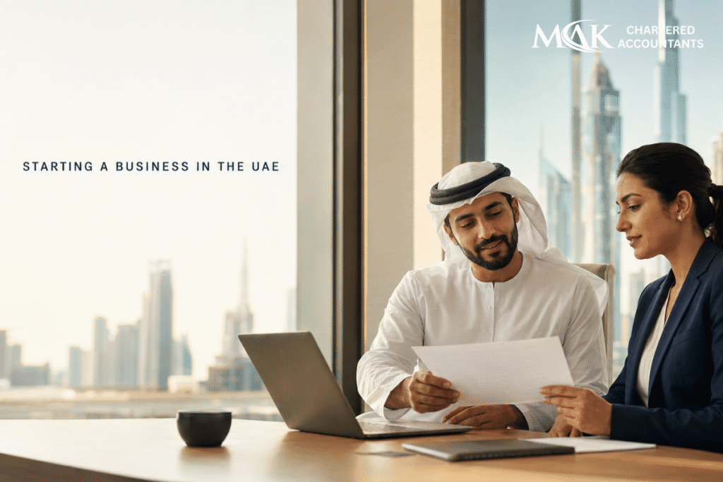 Business professionals reviewing UAE company formation documents in Dubai