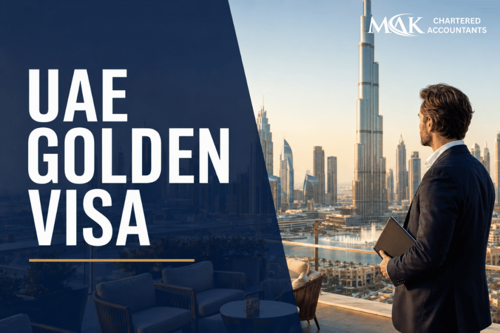 Business investor overlooking Dubai skyline for Company Investor Golden Visa UAE
