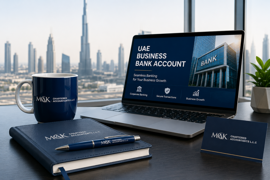 Modern corporate banking workspace representing UAE business bank account opening