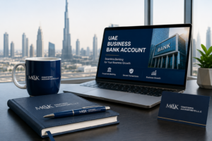 Modern corporate banking workspace representing UAE business bank account opening