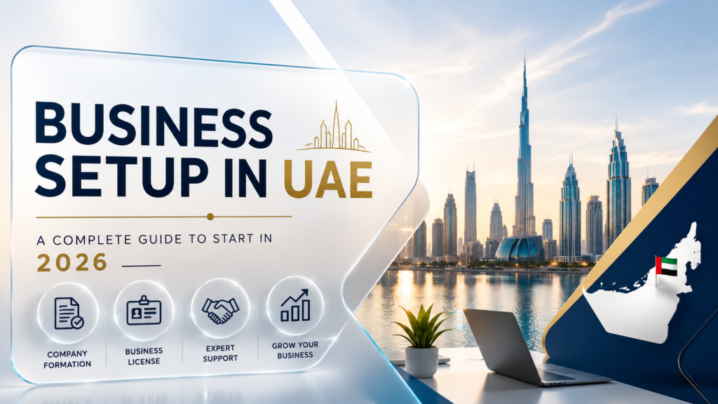 Business Setup in UAE complete guide 2026 with Dubai skyline and modern business concept.
