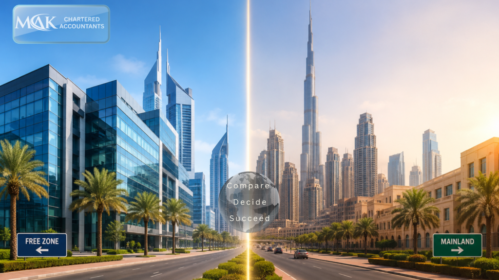 Free Zone vs Mainland UAE company formation comparison showing ownership, costs and business benefits