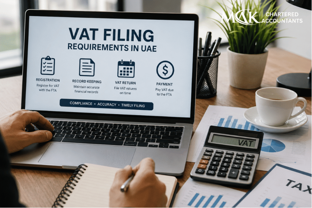 Business professional reviewing UAE VAT filing requirements on a laptop with VAT calculator, tax documents, and financial reports in a modern office.