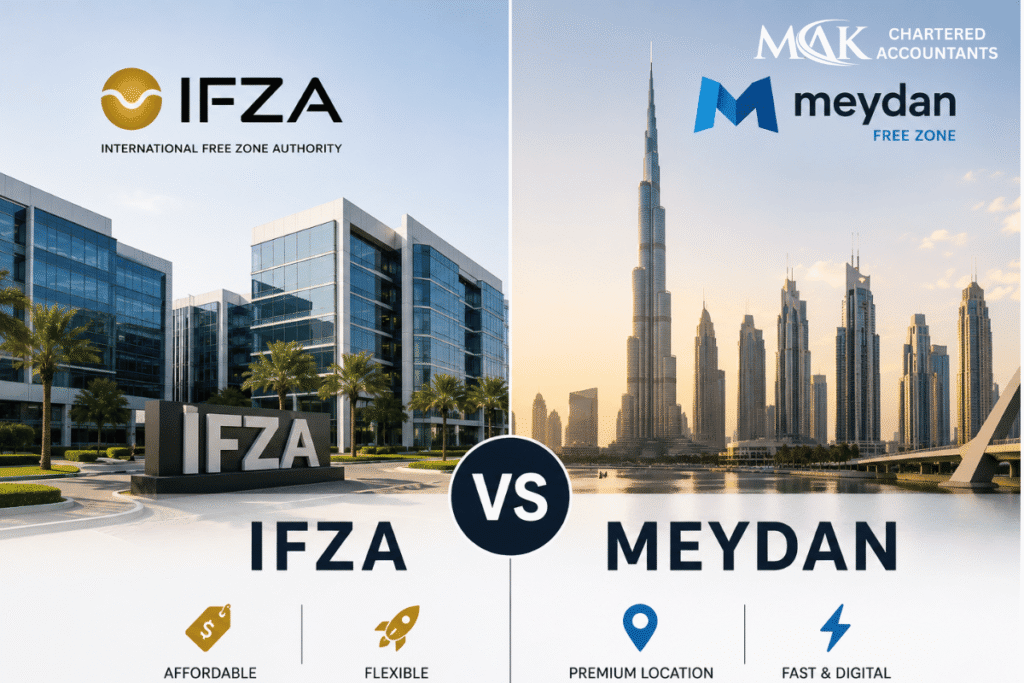 Comparison between IFZA and Meydan Free Zone for business setup in Dubai, including company formation, licensing, costs, and visa options.