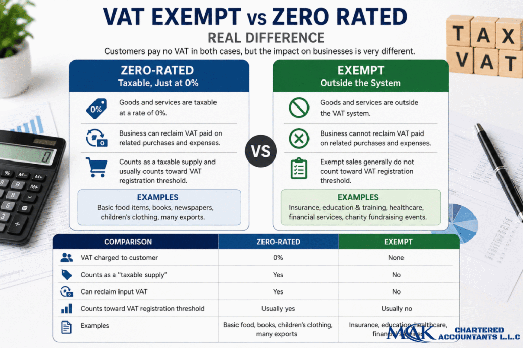 Infographic comparing VAT exempt vs zero-rated supplies, showing differences in input VAT recovery, taxable supply status, VAT registration threshold, and common examples.